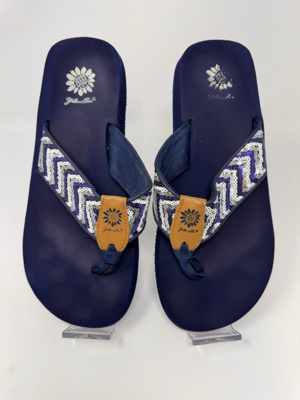 YELLOW BOX NAVY, WHITE AND SILVER FLIP FLOPS SIZE 10